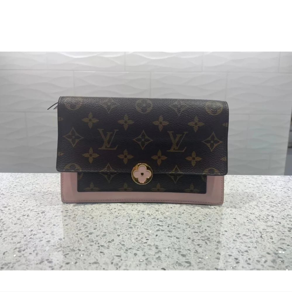 LOUIS VUITTON Monogram Porte Feuille Flore Chain Wallet Pink Full Set